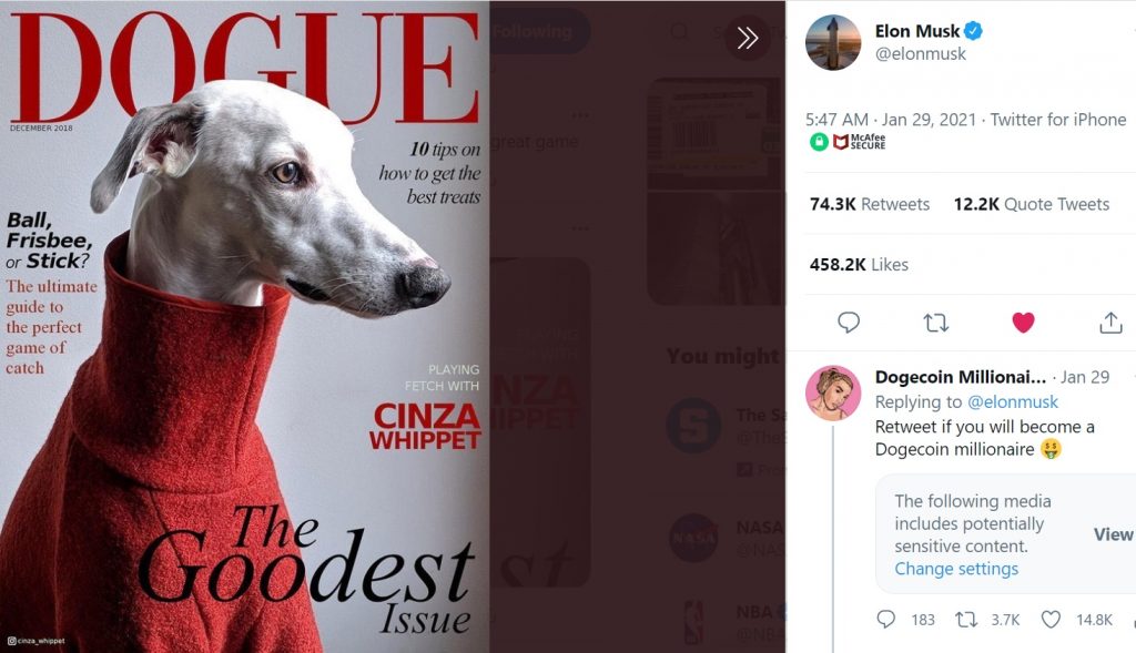 Gambar Cuitan Elon Musk tentang Dogecoin (DOGE)