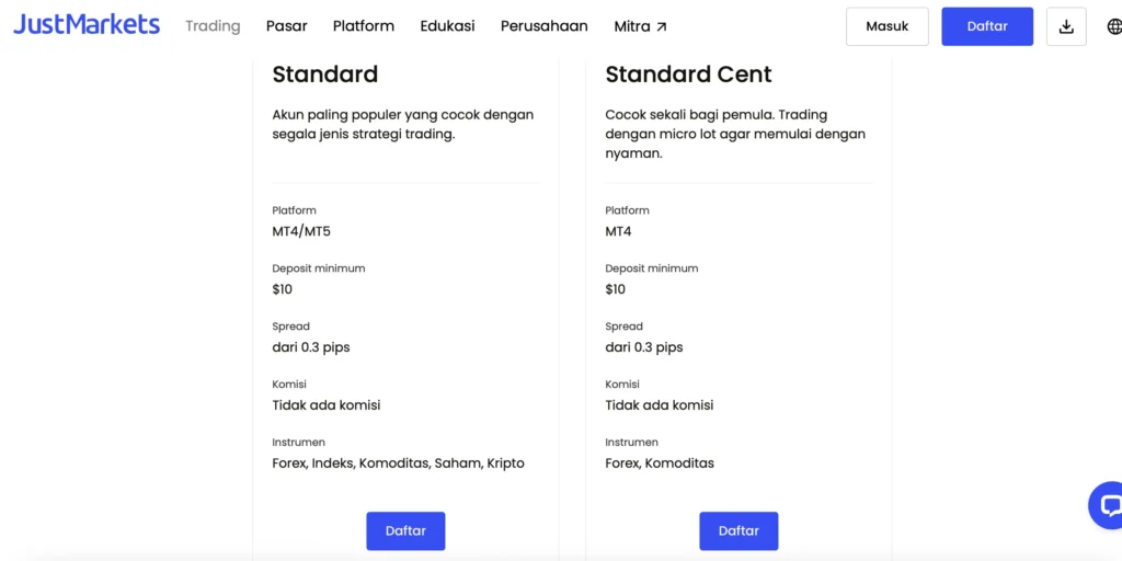 akun standard cent JustMarkets