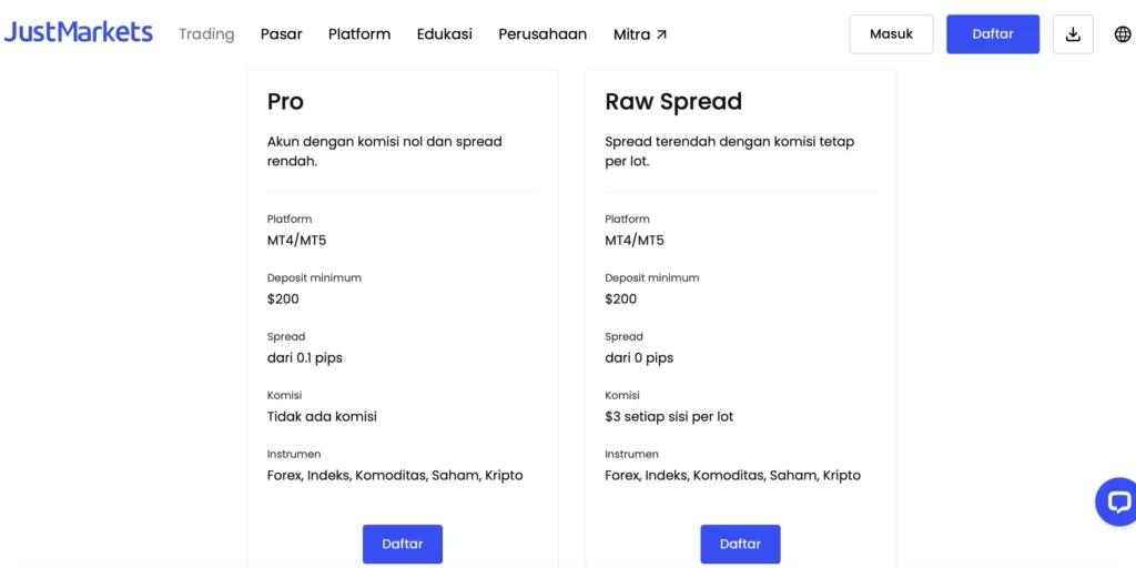 akun pro dan raw spread JustMarkets